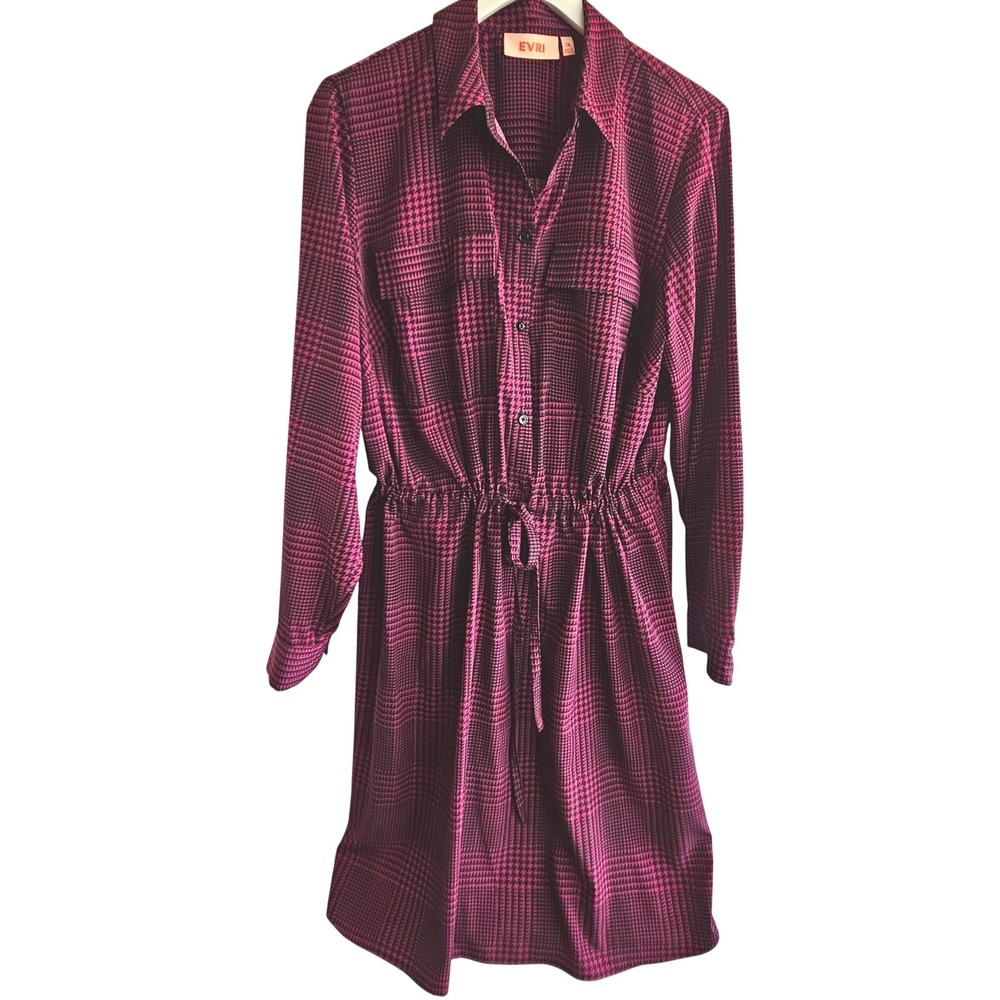 EVRI Womens Plumb Black Houndstooth Shirt Dress Plus 1X Long Sleeve Retro Mod